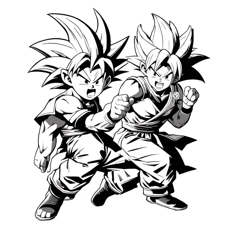 Son Goku Super sayajin and kid goku fight pose surrounded tattoo design idea