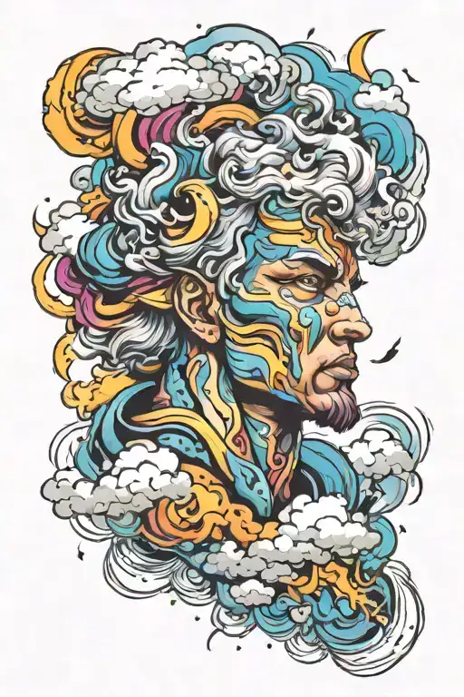 male storm god with clouds and lightning overhead symboliozing power colorful majestic rebirth tattoo design idea