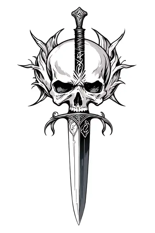 Sharp long dagger with runes shaded skull head tattoo design idea