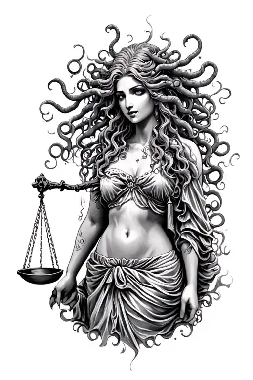 medusa and lady justice tattoo design idea