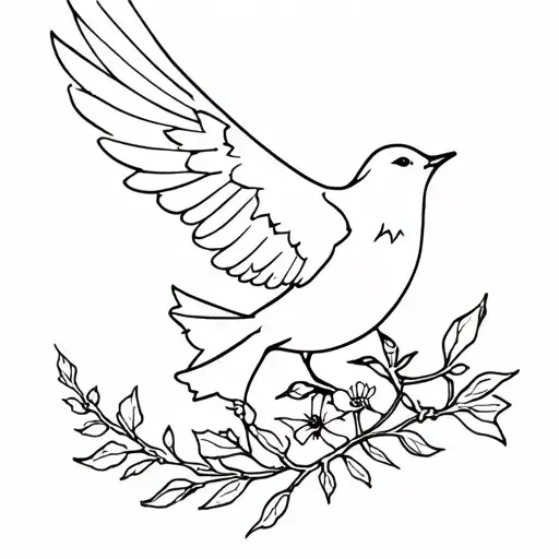 A small dove flying with torn feathers, carrying an olive branch that’s regrown into flowers. tattoo design idea
