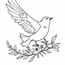 A small dove flying with torn feathers, carrying an olive branch that’s regrown into flowers. tattoo design idea