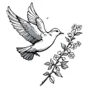 A small dove flying with torn feathers, carrying an olive branch that’s regrown into flowers. tattoo design idea