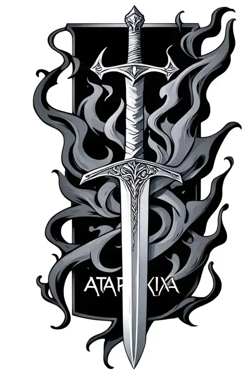 a court of silver and flames with the sword being intertwined with the words "ATARAXIA" tattoo design idea