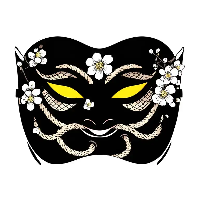 hannya mask with yellow eyes, traditional rope, cherry blossoms tattoo design idea