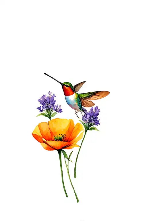 hummingbird moth with california golden poppy and new jersey violet tattoo design idea