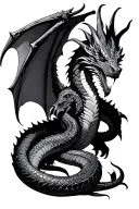 Draw a dragon with a full -length wings, which is a evil snake wraps around tattoo design idea