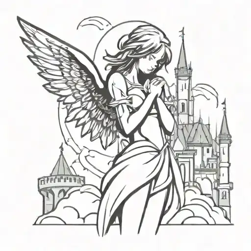 anime angel girl in front of the castle minimalist  tattoo design idea