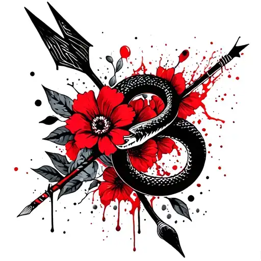 arrow and snake with flowers tattoo design idea