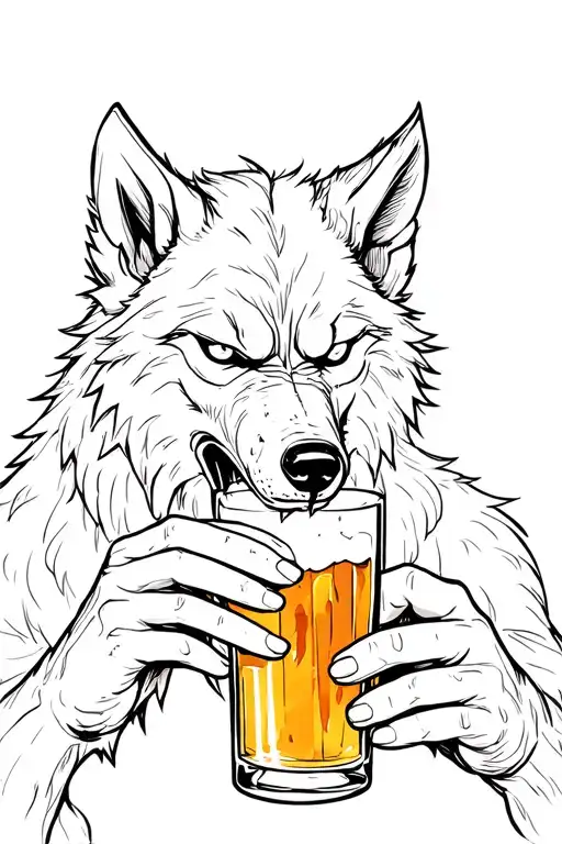 The evil wolf drinks beer from a beer glass tattoo design idea