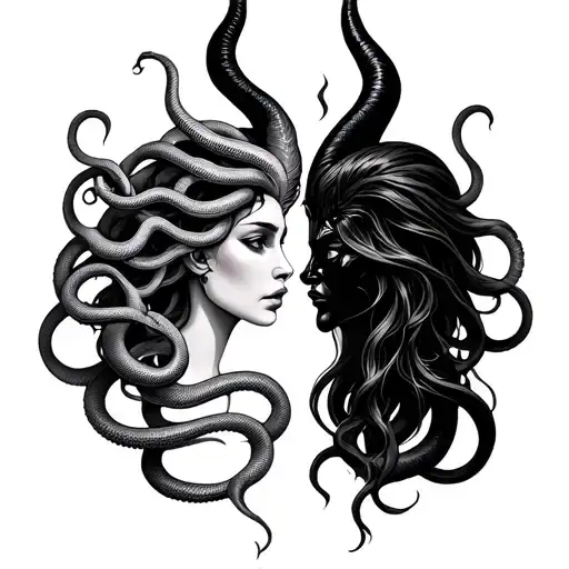 medusa with 12 snakes and maleficent facing each other tattoo design idea