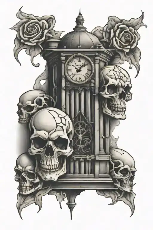 skulls bars clock tower tattoo design idea
