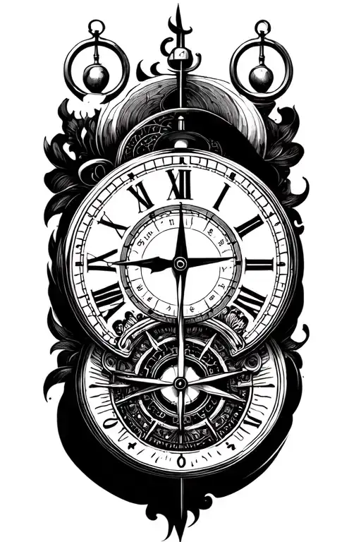 clock and compass tattoo design idea