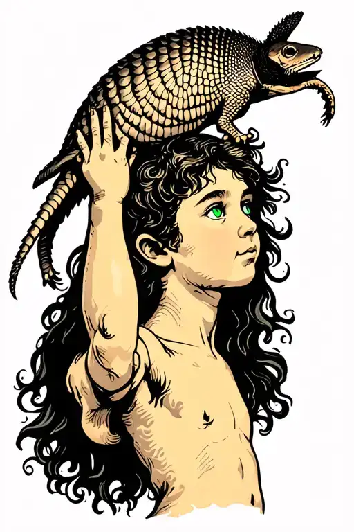 young boy holding a dead armadillo above his head looking up at a dark haired green eyed goddess in the sky tattoo design idea