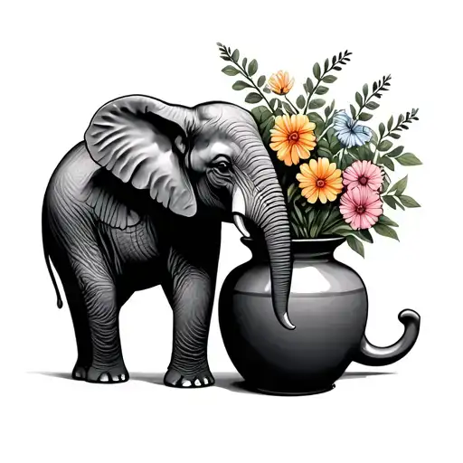 elephant next to a vase of flowers growing tattoo design idea