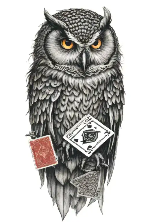 Demonic snow owl holding playing cards tattoo design idea
