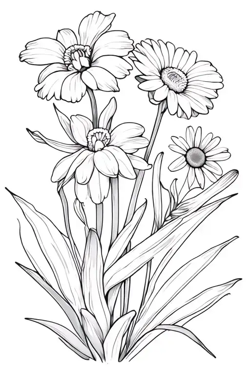 make me a tattoo of the following flowers, yucca flower blossom, white nun orchid, and a daisy, make it a bouquet tattoo design idea
