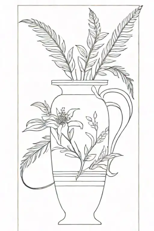 BLACK AND WHITE TALL ORNAMENTED GREEK VASE WITH a FEW FERNS AND LILYS tattoo design idea