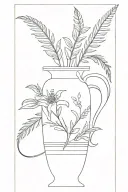 BLACK AND WHITE TALL ORNAMENTED GREEK VASE WITH a FEW FERNS AND LILYS tattoo design idea
