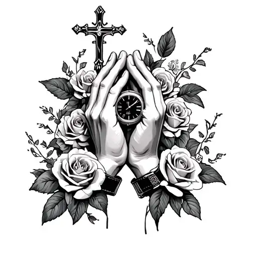 Praying hands with Rolex watch, cross and roses growing tattoo design idea