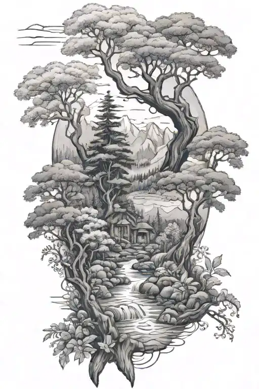 Black and grey tattoo. Overall theme is nature and tranquility. This will be a nature scenic tattoo based on my trip to  tattoo design idea