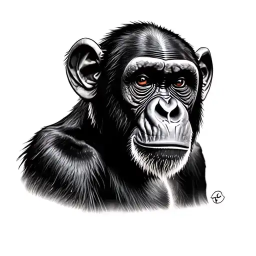 realistic black and gray tattoo of a darkcolored chimpanzee with a deadpan, slightly unamused you serious? look pec tat tattoo design idea