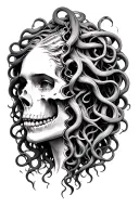 Medusa with her face half flesh and half skull vertically split but nice and subtle transition tattoo design idea