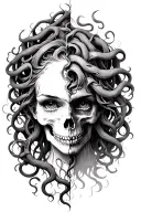 Medusa with her face half flesh and half skull vertically split but nice and subtle transition tattoo design idea