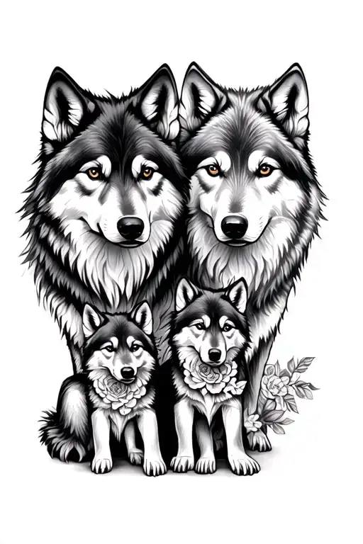 2 adult wolves & 2 cubs with a floral design inspired tattoo design idea