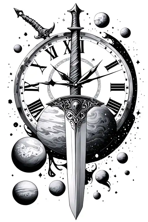 space, planets, time clock, sword tattoo design idea