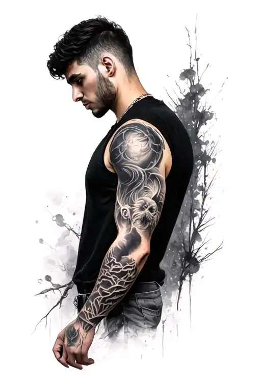 A black and grey realism tattoo on my left shoulder and upper arm, symbolizing my journey of turning rage into disciplin tattoo design idea