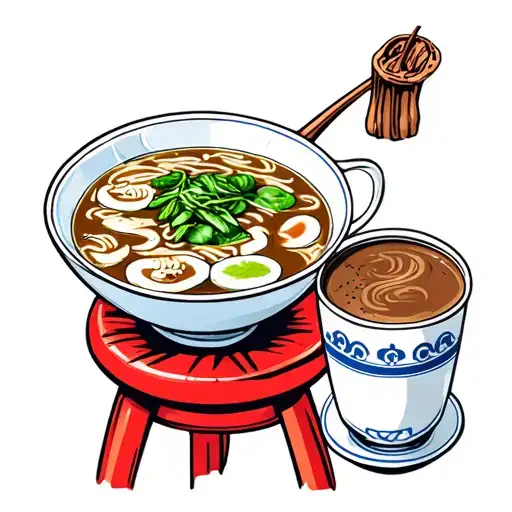 bowl of pho soup on red Vietnamese stool with Vietnamese coffee on stool as well tattoo design idea