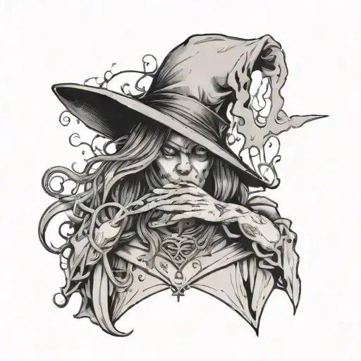 witch burned in the inquisition with a feminist spit in her hand and a surrealist scenario tattoo design idea