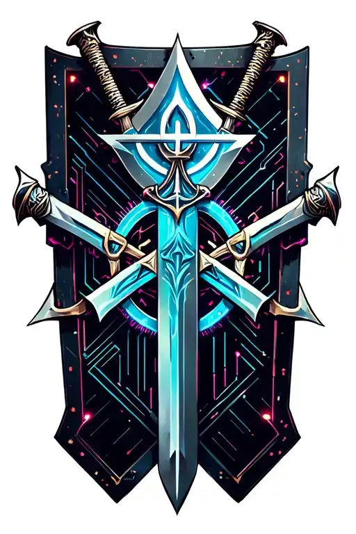 Two daggers and sword hiden behind a shield. Orthodox cross  tattoo design idea