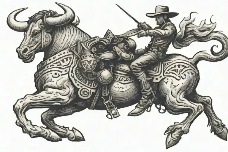 90+ in text, western style font with a bull rider riding a bull tattoo design idea