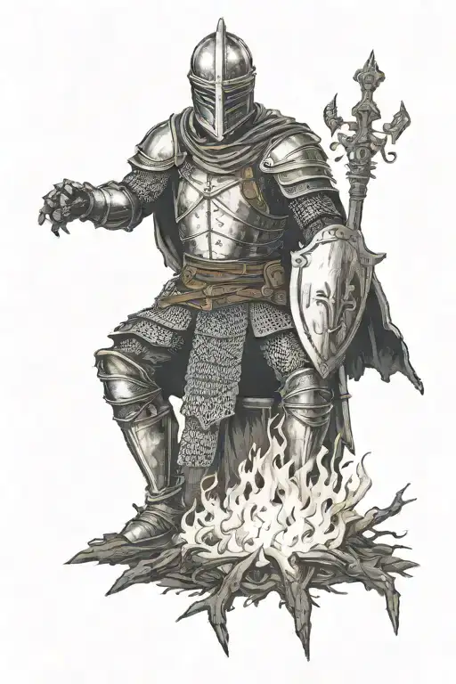 Dark souls knight sitting in fronf of bonfire tattoo design idea