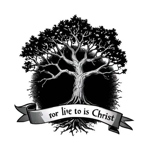 an empty christian tomb with a tree growing and a banner through the tree branches saying for me to live is christ tattoo design idea
