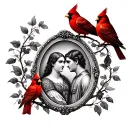 antique oval picture frame with lovers tarot picture with 2 red cardinals on the outside tattoo design idea