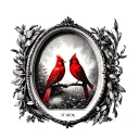 antique oval picture frame with lovers tarot picture with 2 red cardinals on the outside tattoo design idea