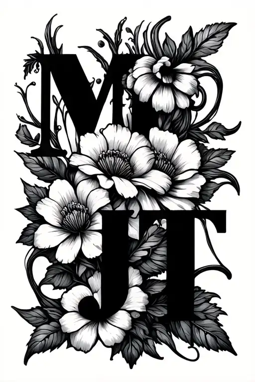 flowers with tendrils that meander over the arm, from these tendrils the letters M I J T are to be formed hidden    tattoo design idea
