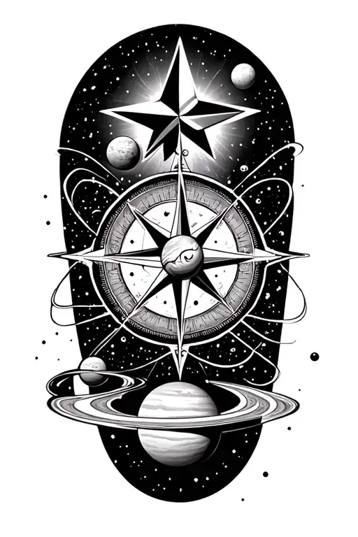 Nautical star compass with planets and an Atom strucuture tattoo design idea
