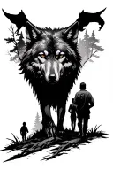 wolf spirit overlooking a man and two boys walking through the forest tattoo design idea