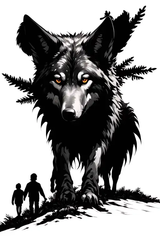 wolf spirit overlooking a man and two boys walking through the forest tattoo design idea
