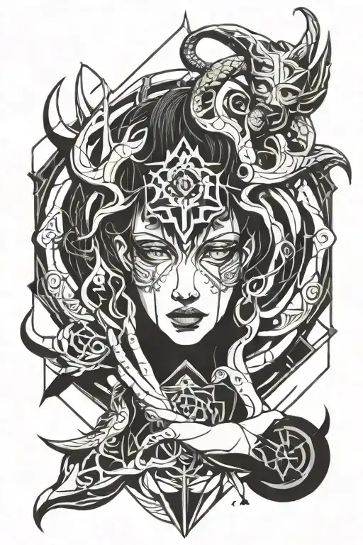 a shadow demon holdong the hand of a dark haired girl tattoo design idea