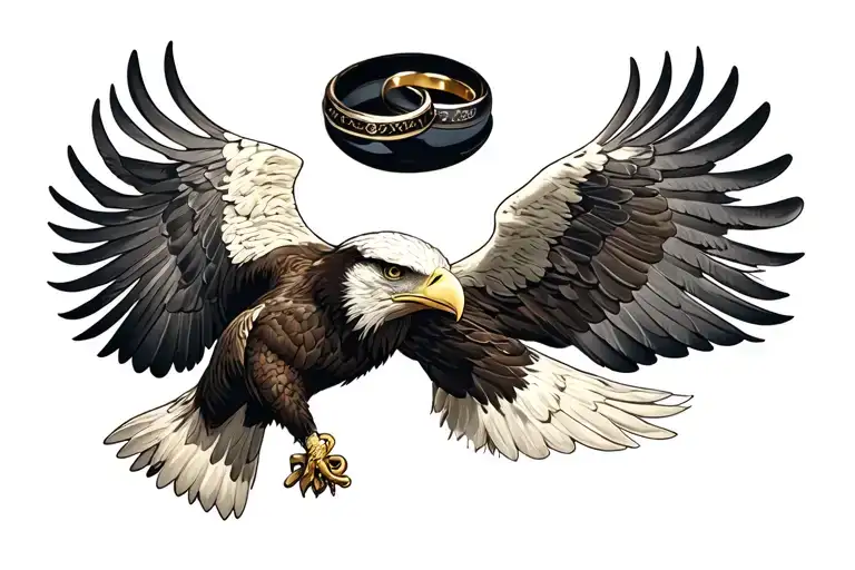one flying eagle holding interlocking wedding rings tattoo design idea
