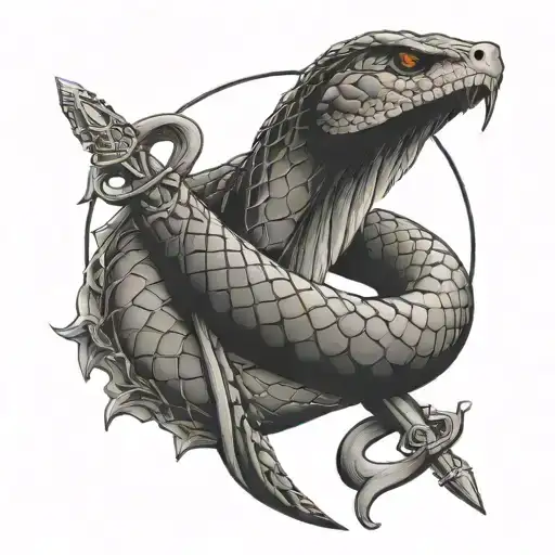 snake wrapped around a roman spear with a crescent moon hanging tattoo design idea
