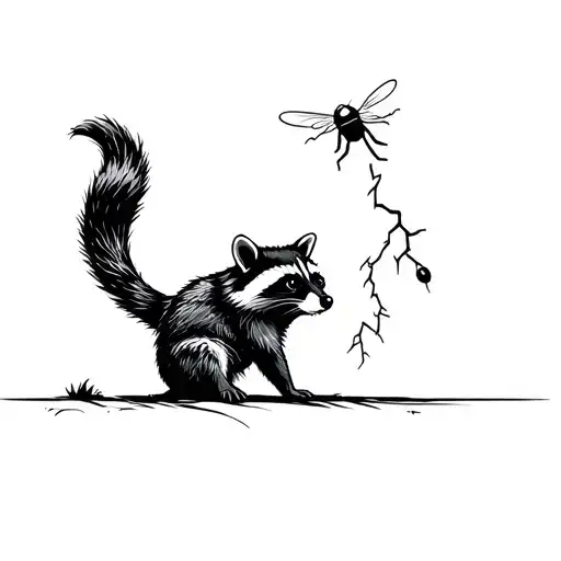 a raccoon trying to catch a lightning bug tattoo design idea