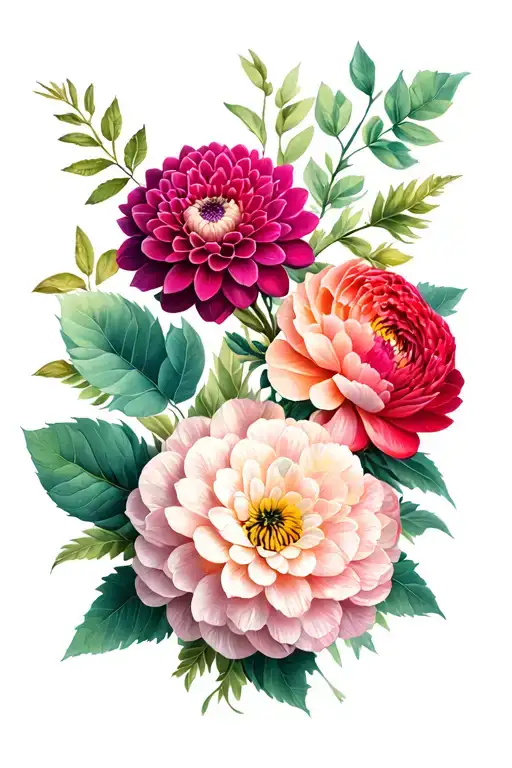 dahlia, ranunculus, peony, greenage, eucalyptus leaves for upper arm tattoo tattoo design idea