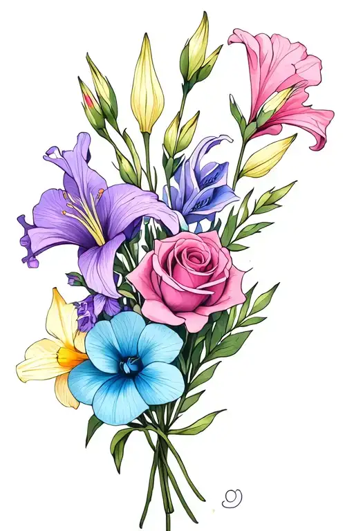 gladiolus, daffodil, rose, sweet pea birth flower bouquet. I like colors: blues, pinks, purples, cyan tattoo design idea