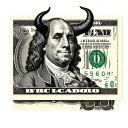 benjamin franklin from the 100 hundred dollar bill evil with devil horns dras x on his eyes and with lucifer typed under tattoo design idea